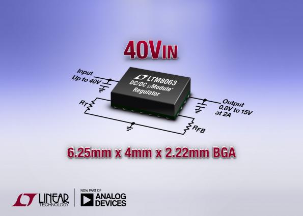 Régulateur µModule Silent Switcher 2A, 40V en entrée, en boîtier BGA 6,25mm x 4mm